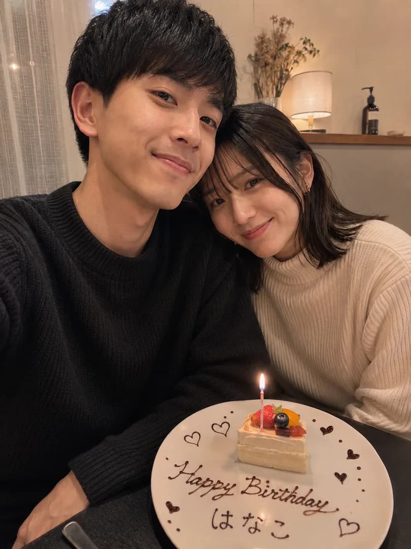 誕生日ケーキを前に寄り添うカップル。誕生日サイトのサンプル